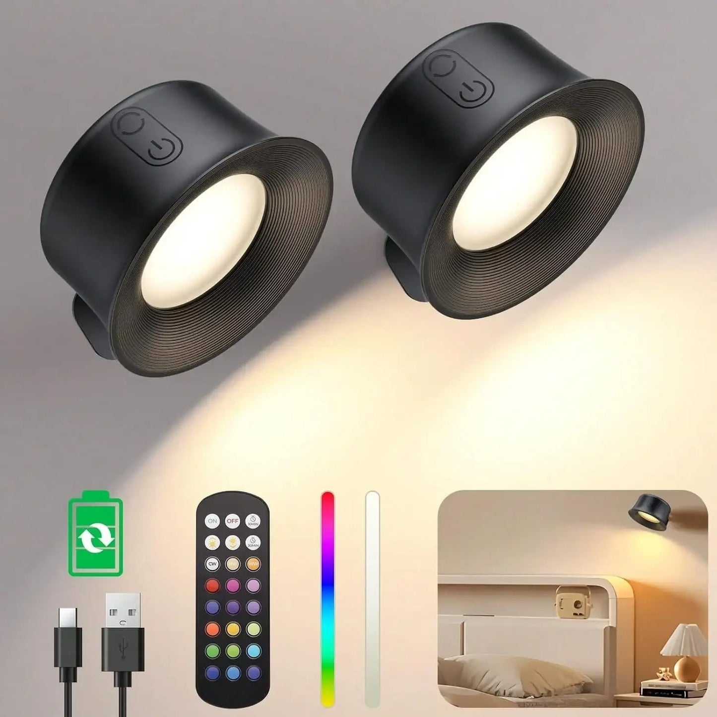 2 Stück abnehmbare RGB-LED-wiederaufladbare selbstklebende magnetische Wandleuchten - AnavaShop