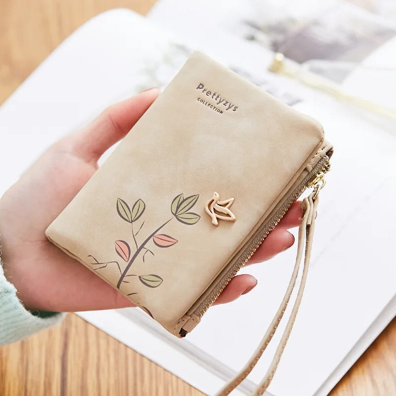 Kurze Geldbörse für Damen, niedliches Vogel-Baum-Muster-Design