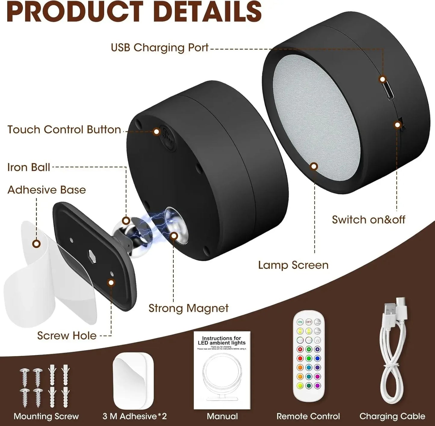 Magnetische LED-Wandleuchte, wiederaufladbare Leseleuchten 360° ° Rotation - AnavaShop